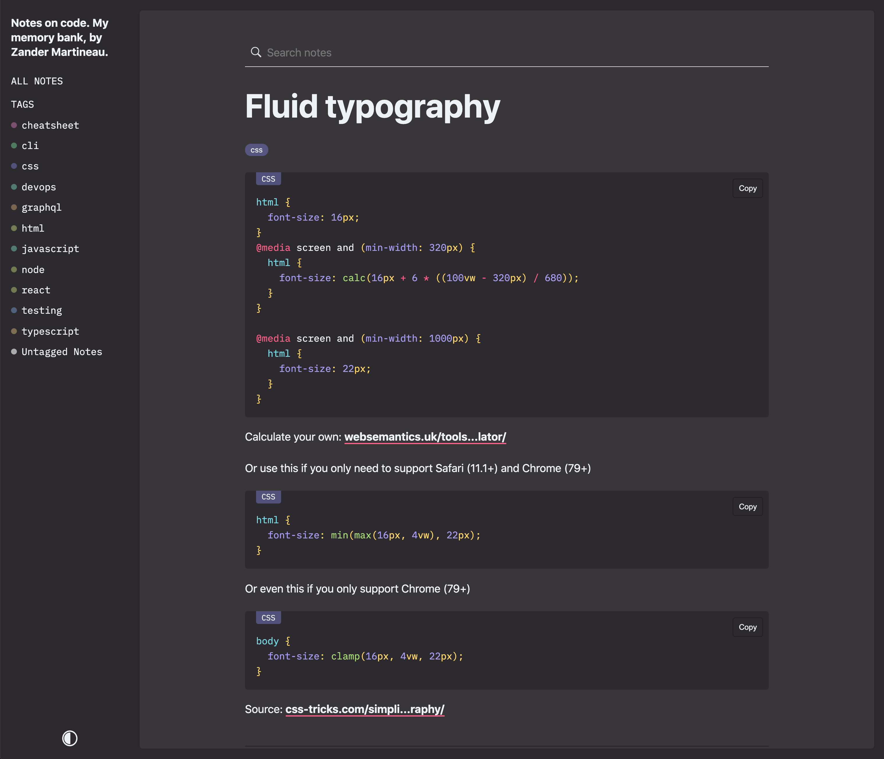 Screengrab of what a note looks like with the dark theme activated